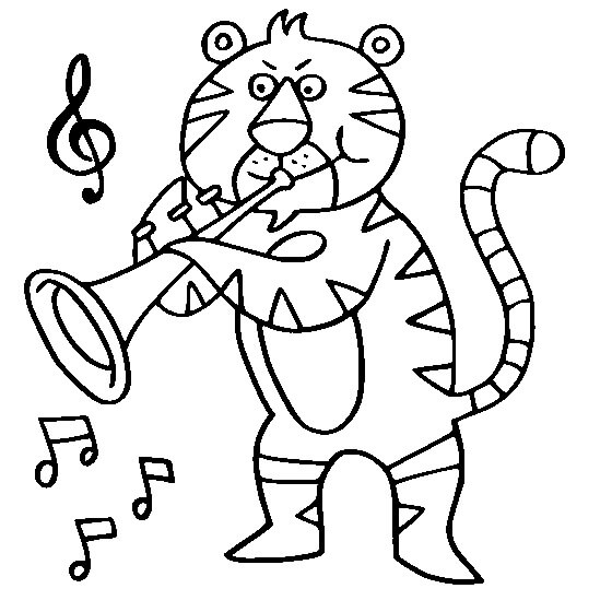 Dibujo de Tigre Tocando la Trompeta para Colorear