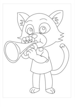 Dibujo de Trompeta Que Sopla Gato de Dibujos Animados para Colorear