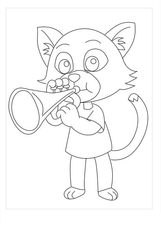 Dibujo de Trompeta Que Sopla Gato de Dibujos Animados para Colorear