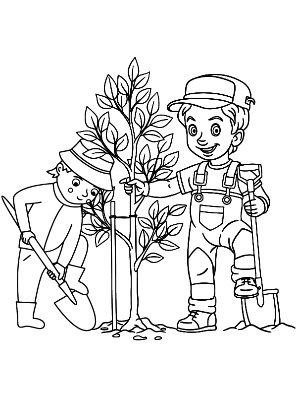 Dibujo de Página para Colorear de Dos Amigos Celebrando Tu Bishvat para Colorear