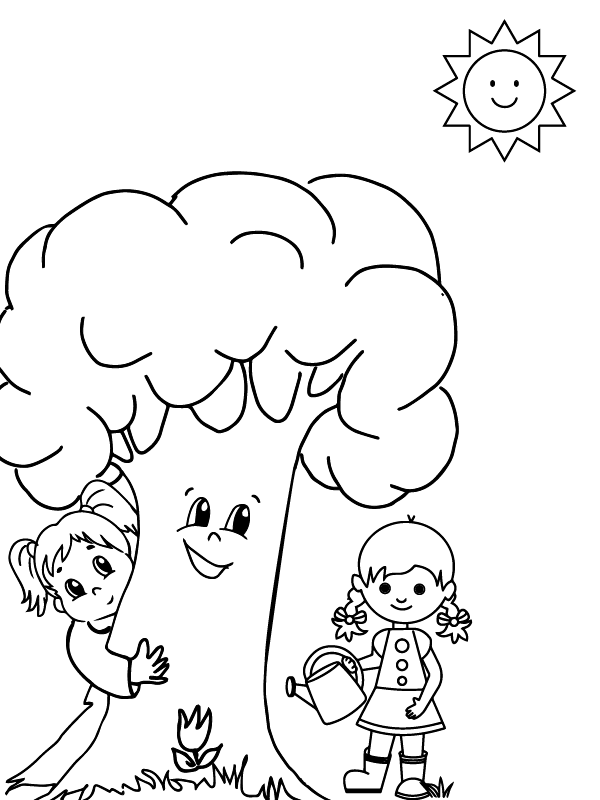 Dibujo de Página para Colorear de niños Felices con el árbol para Colorear