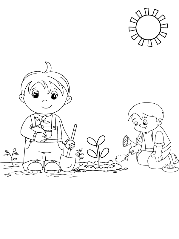 Dibujo de Página para Colorear de niños Plantando árboles en el Campo para Colorear