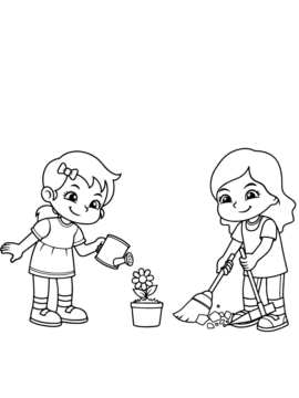 Dibujo de Página para Colorear de niños Sirviendo Agua al árbol para Colorear