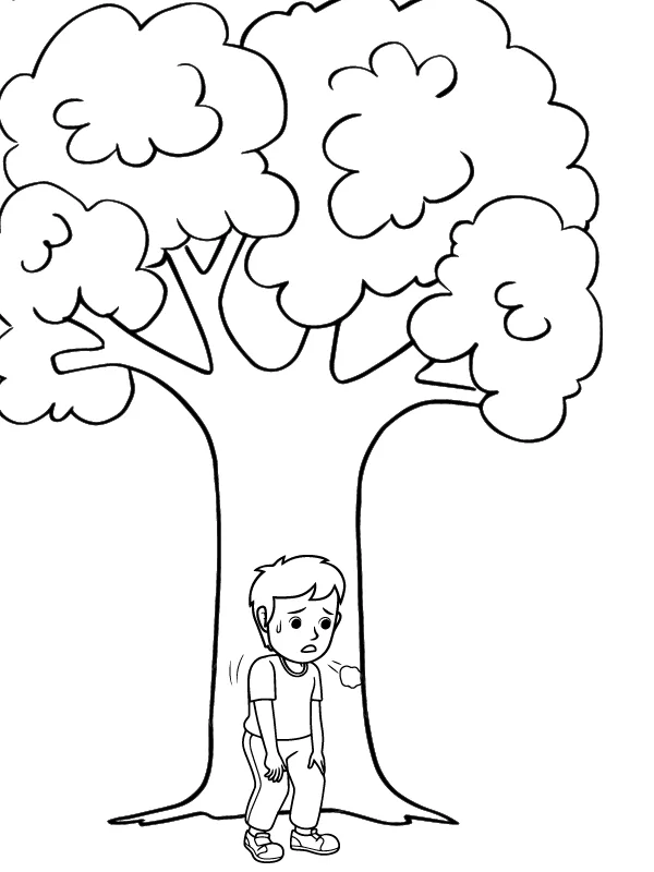 Dibujo de Página para Colorear del niño Cansado Descansando Bajo el árbol para Colorear