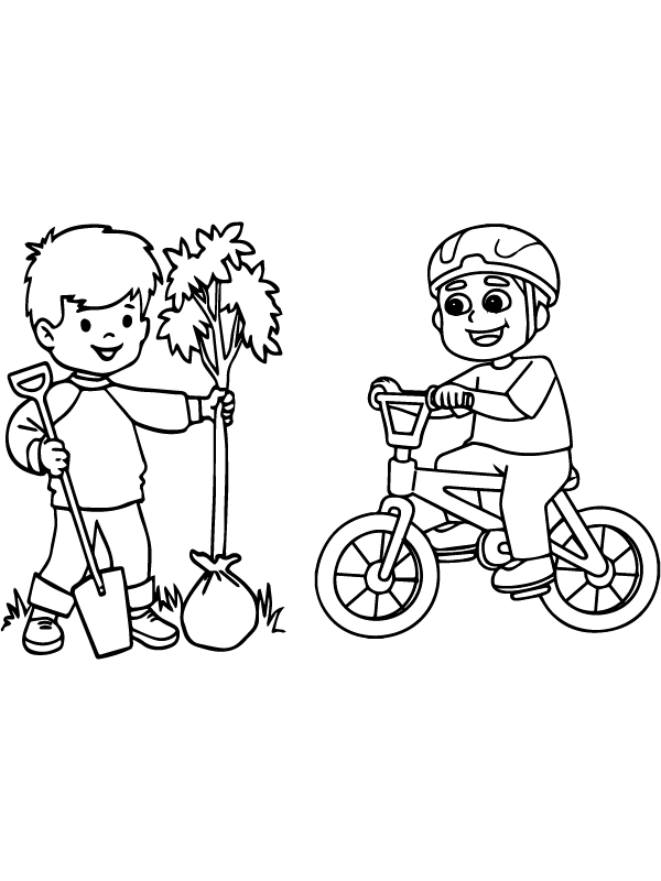 Dibujo de Página para Colorear de niños Felices Gratis con árbol para Colorear