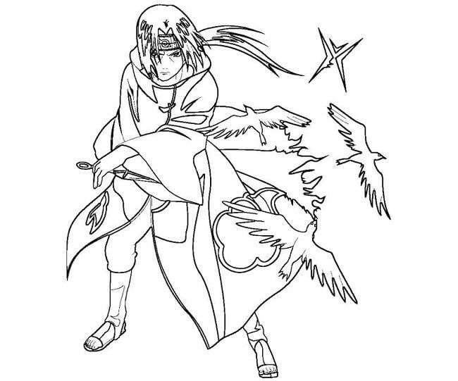 Dibujo de Itachi Sosteniendo Kunai y Cuervo para Colorear