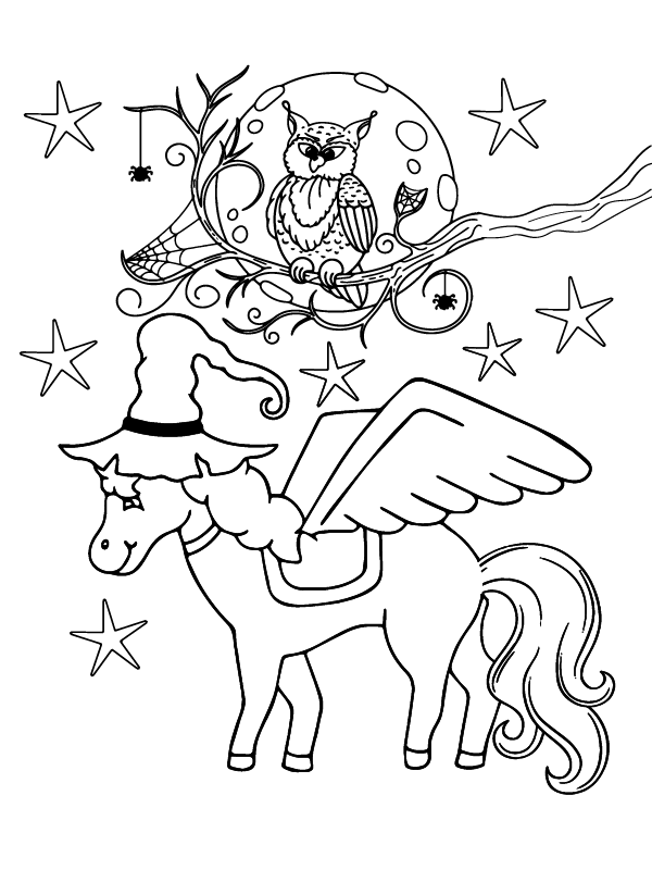 Dibujo de Búho y Unicornio de Halloween página para Colorear