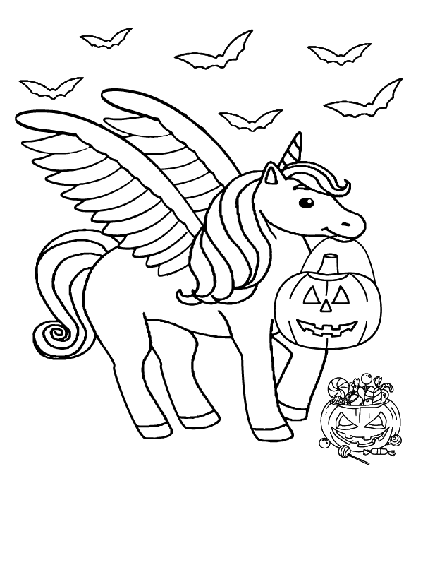 Dibujo de Calabaza y Unicornio de Halloween página para Colorear
