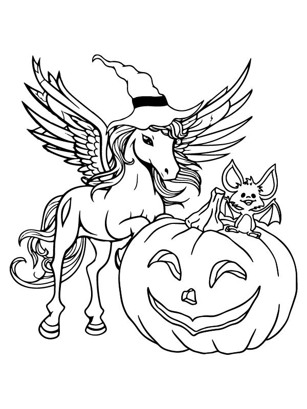 Dibujo de Gran Calabaza y Unicornio de Halloween página para Colorear