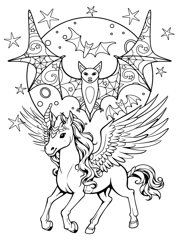 Dibujo de Murcielago y Unicornio de Halloween página para Colorear