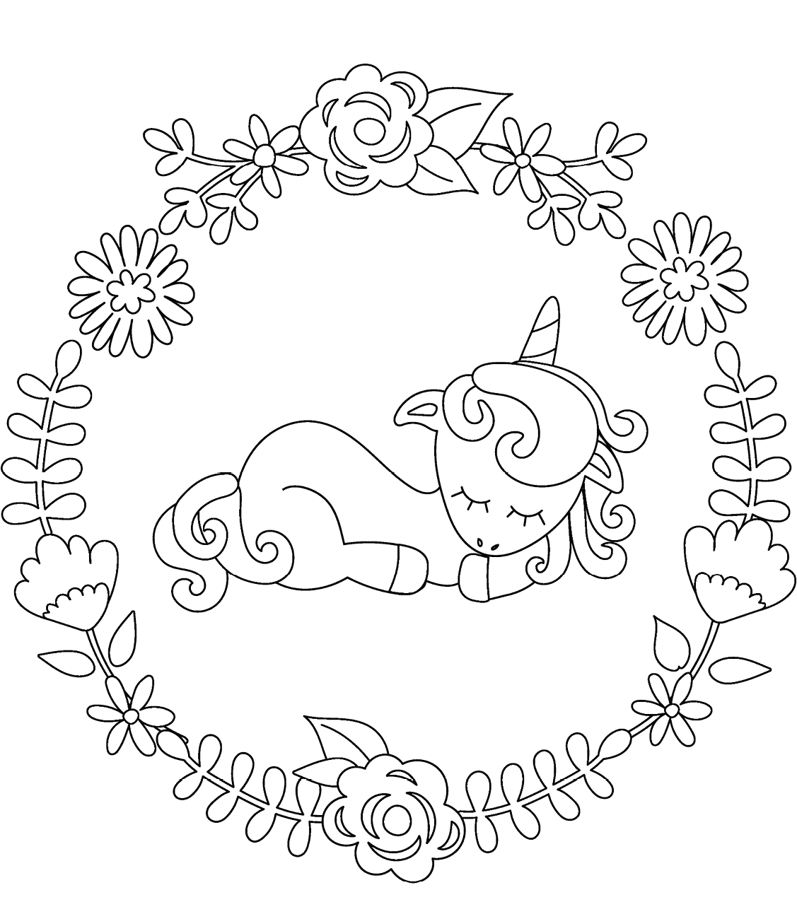 Dibujo de Bebé Unicornio Durmiendo para Colorear