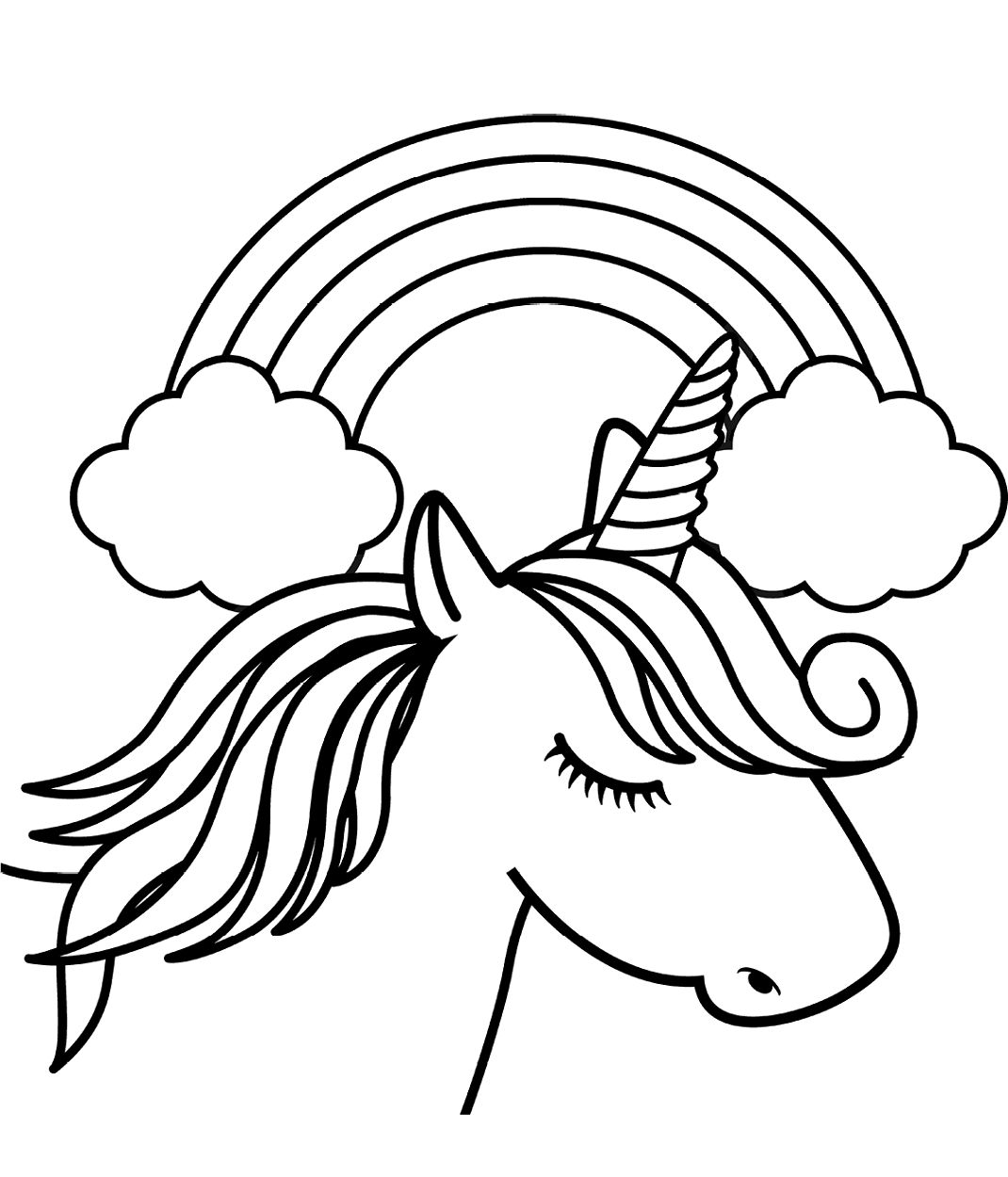 Dibujo de Cabeza de Unicornio Frente al Arco Iris para Colorear