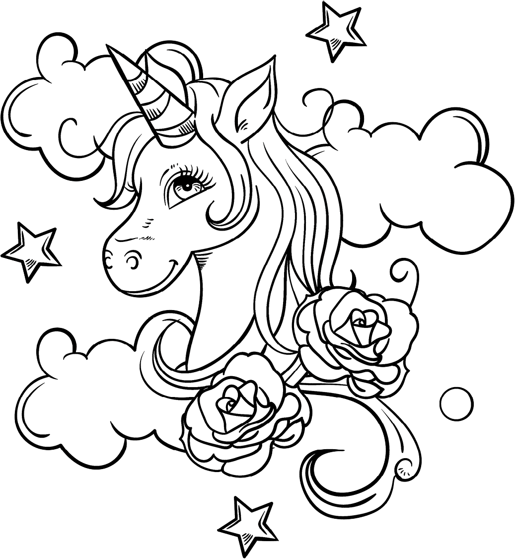 Dibujo de Cabeza de Unicornio y Rosas para Colorear