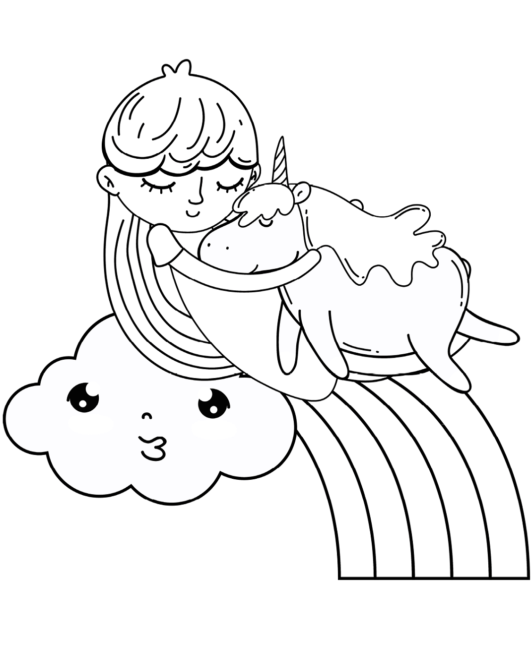 Dibujo de Chica Durmiendo con Unicornio para Colorear