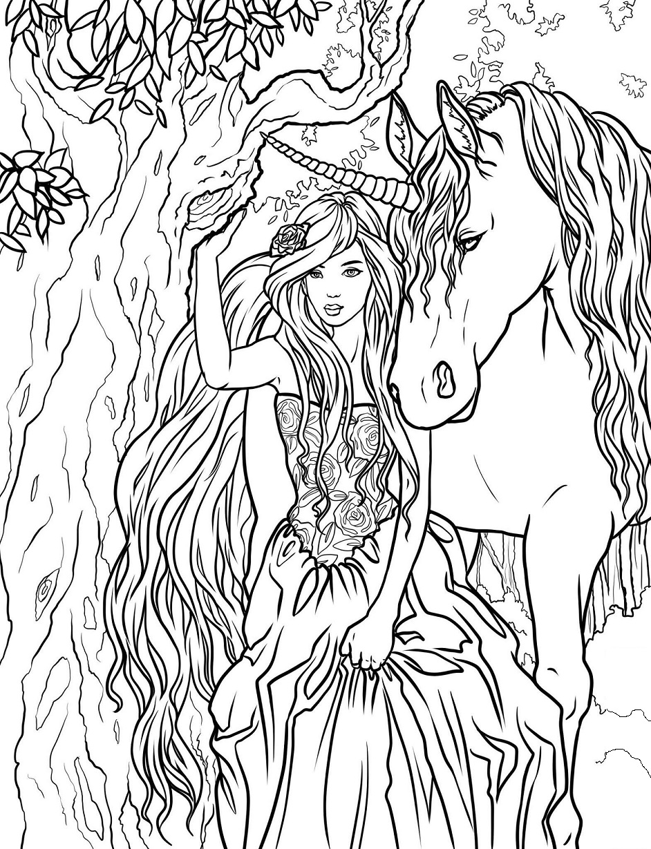 Dibujo de Hermosa Dama y Unicornio para Colorear