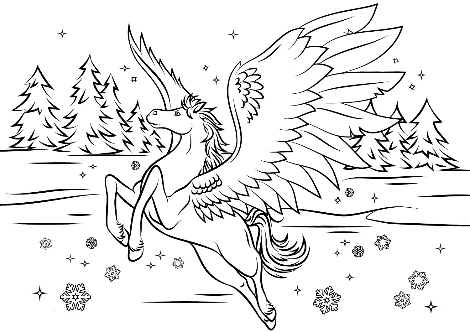 Dibujo de Hermoso Pegaso Despegando para Colorear