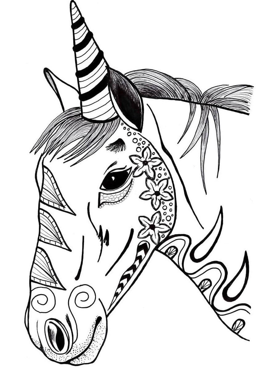 Dibujo de Impresionante Cabeza de Unicornio para Colorear