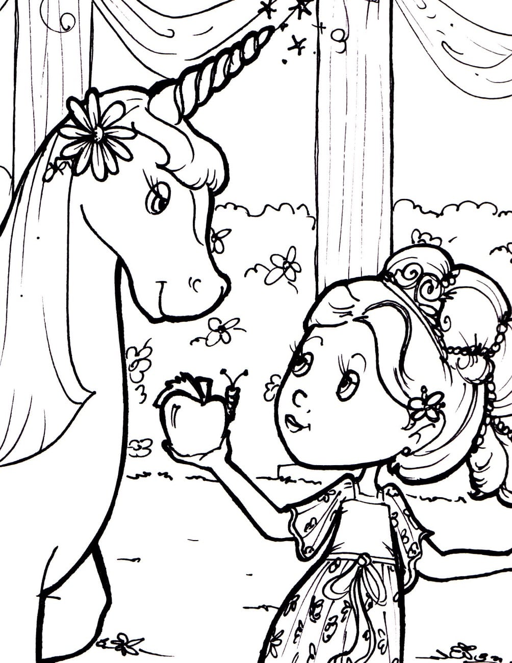 Dibujo de Niña Dando Manzana para Unicornio para Colorear