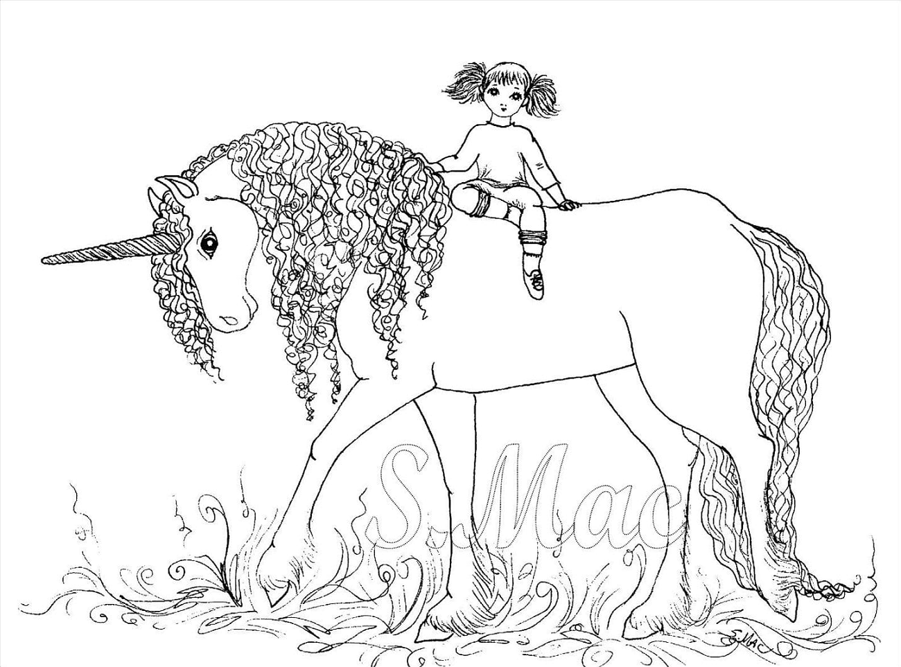 Dibujo de Niña en Unicornio para Colorear