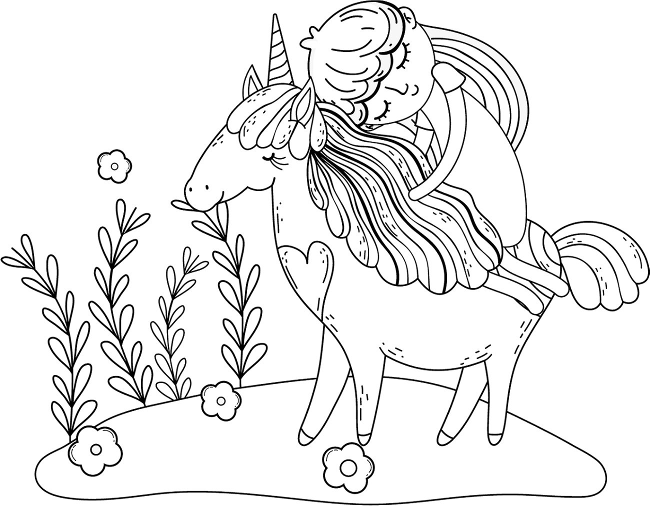 Dibujo de Pequeña Princesa Durmiendo en Unicornio para Colorear