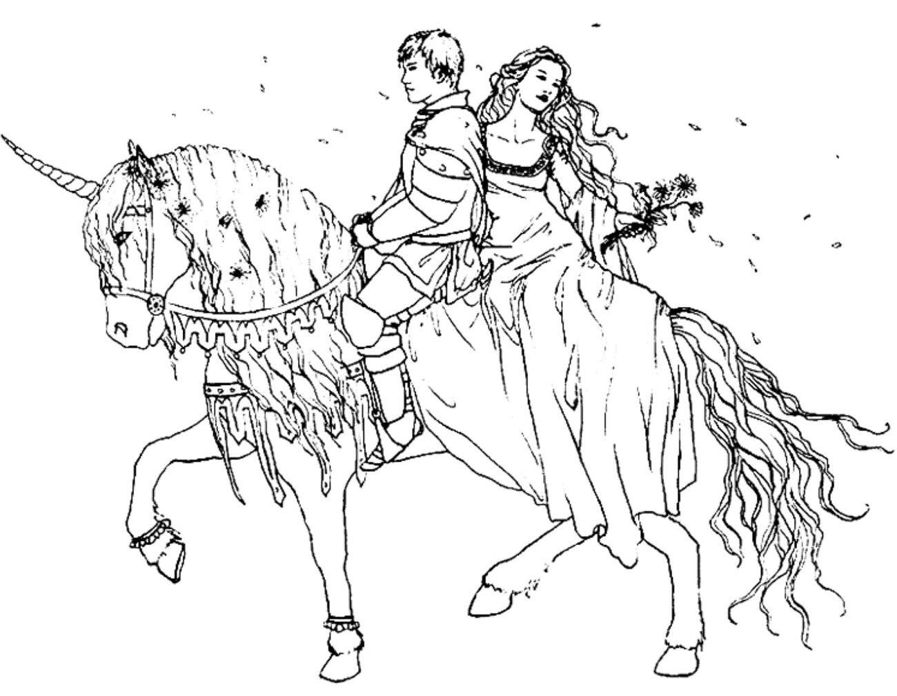 Dibujo de Una Pareja en Unicornio para Colorear