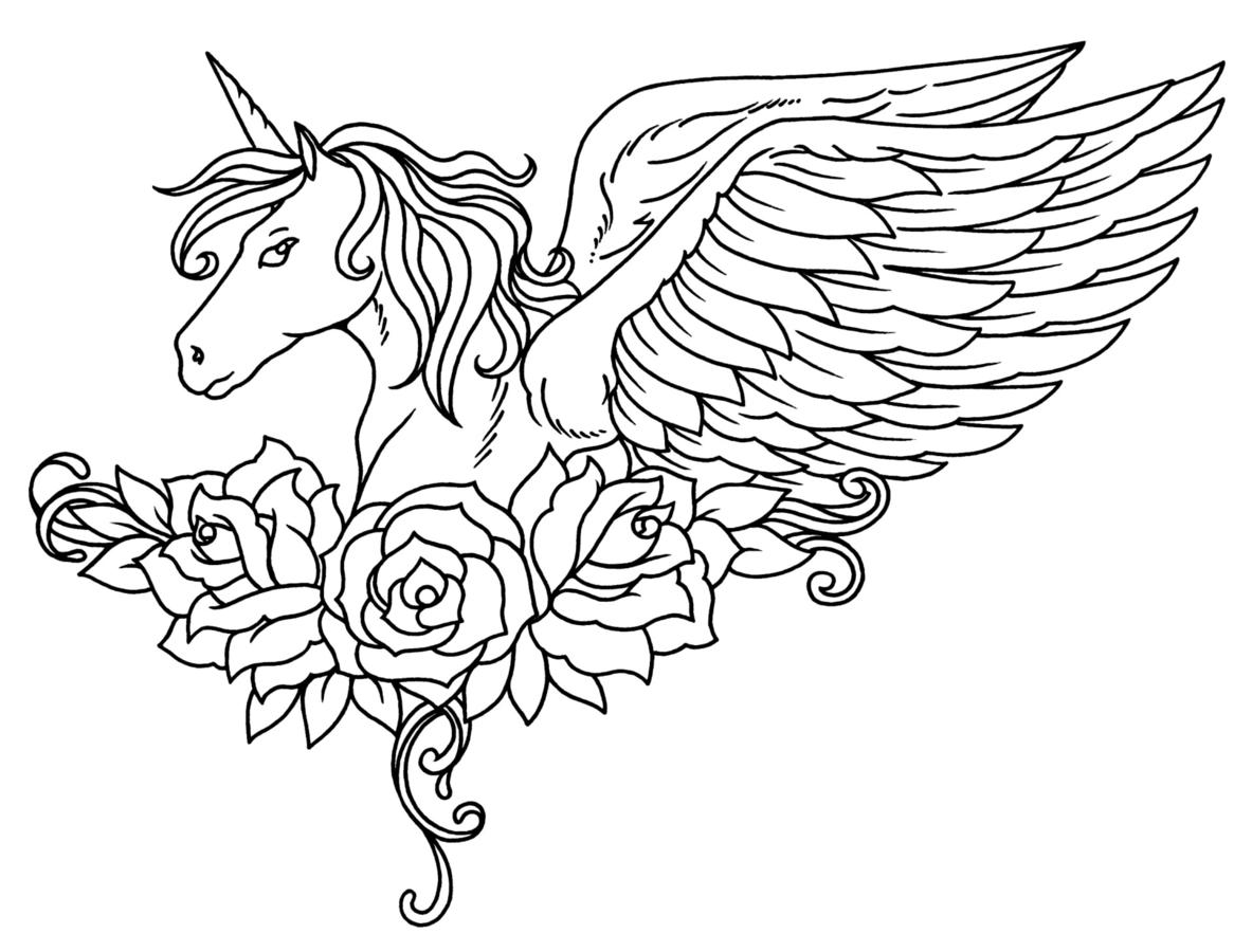 Dibujo de Unicornio Alado con Flores para Colorear