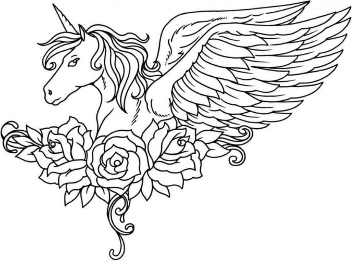 Dibujo de Unicornio Alado y Flores para Colorear
