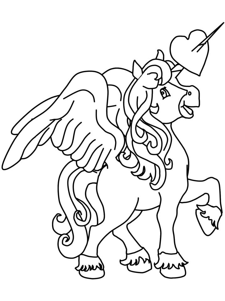 Dibujo de Unicornio con corazón en Cuerno para Colorear