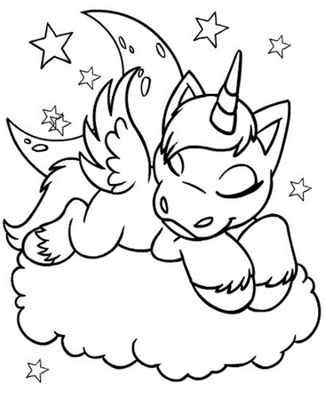 Dibujo de Unicornio Durmiendo en la Nube para Colorear