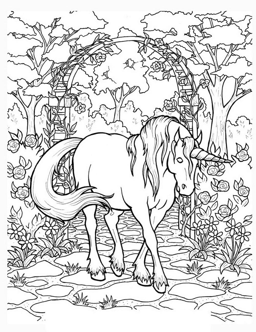 Dibujo de Unicornio en el jardín para Colorear