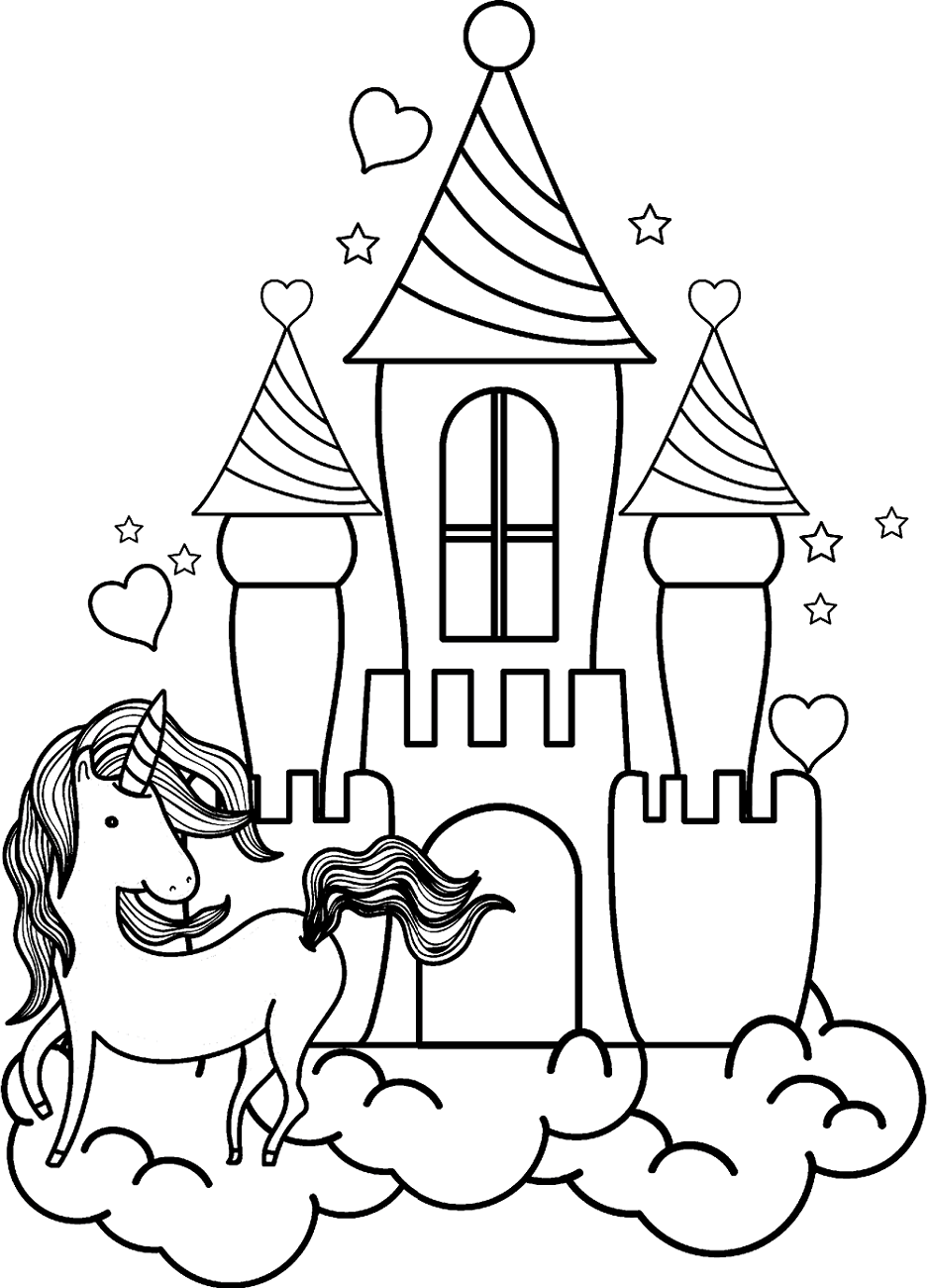 Dibujo de Unicornio y el Castillo para Colorear