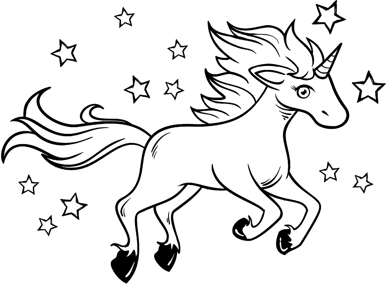 Dibujo de Unicornio y Estrellas Alrededor para Colorear