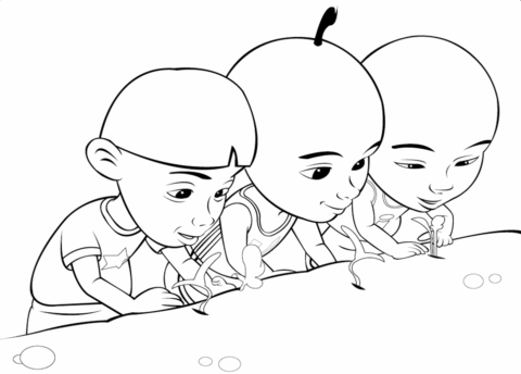 Dibujo de Upin e Ipin Cultivando la Planta para Colorear