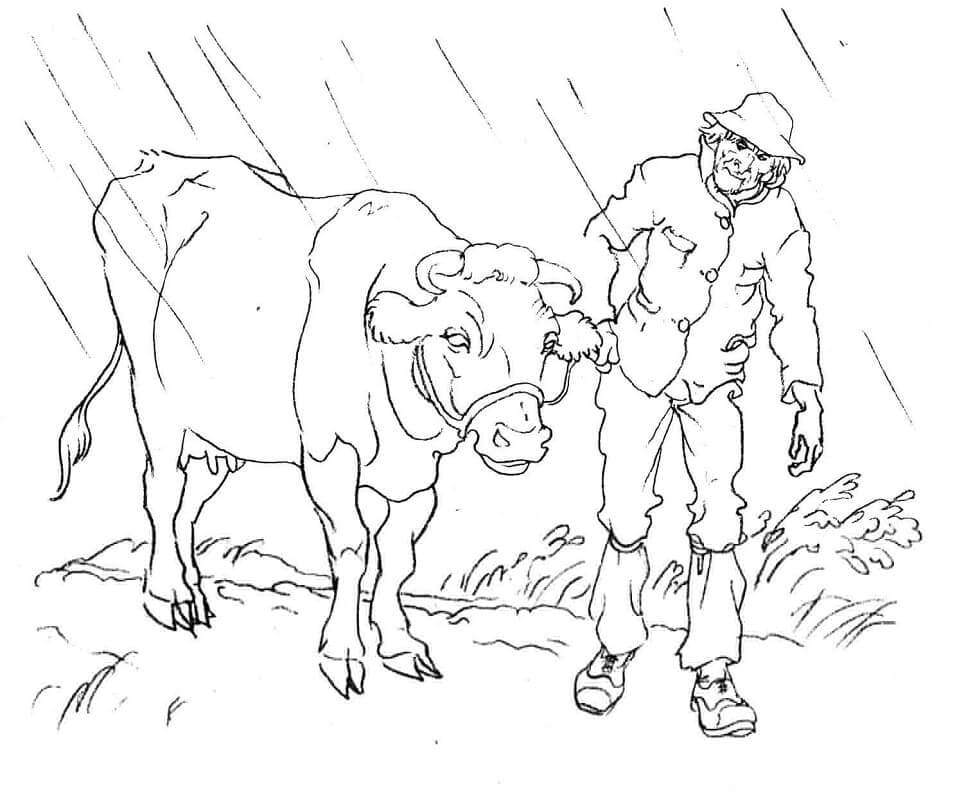 Dibujo de Hombre y una Vaca para Colorear