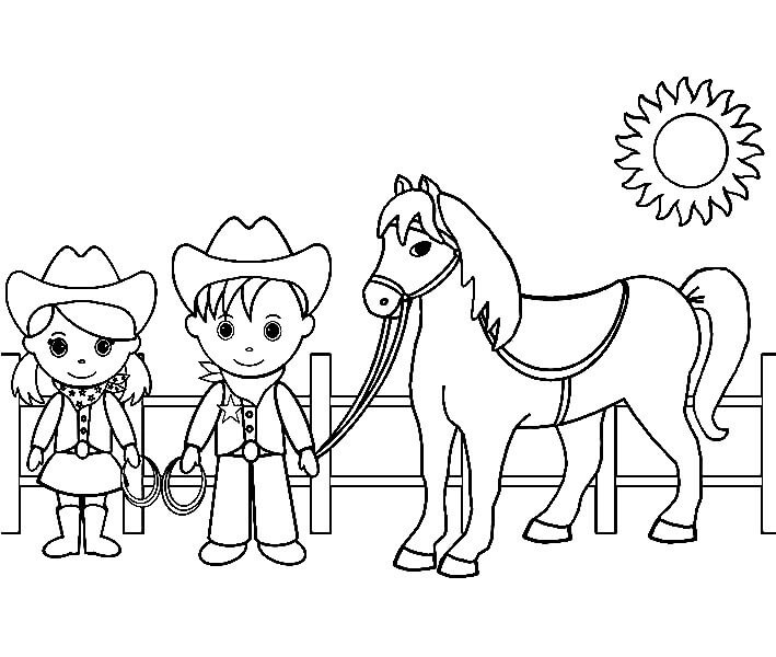 Dibujo de Dos Vaqueros con Caballo para Colorear