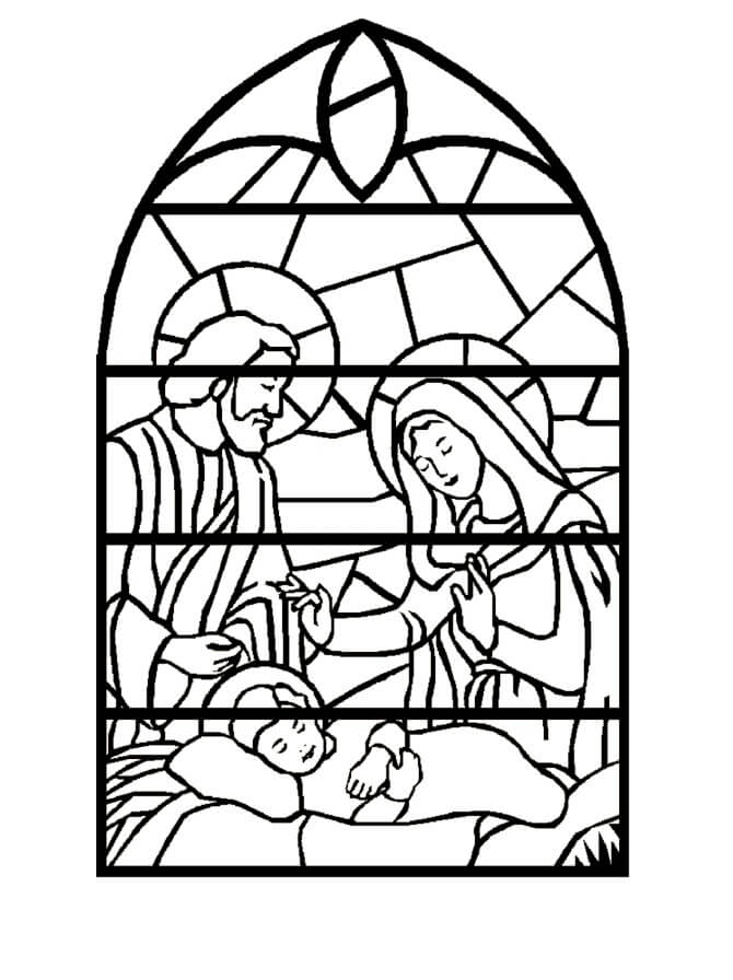 Dibujo de Escena de la Natividad de Vidrieras para Colorear