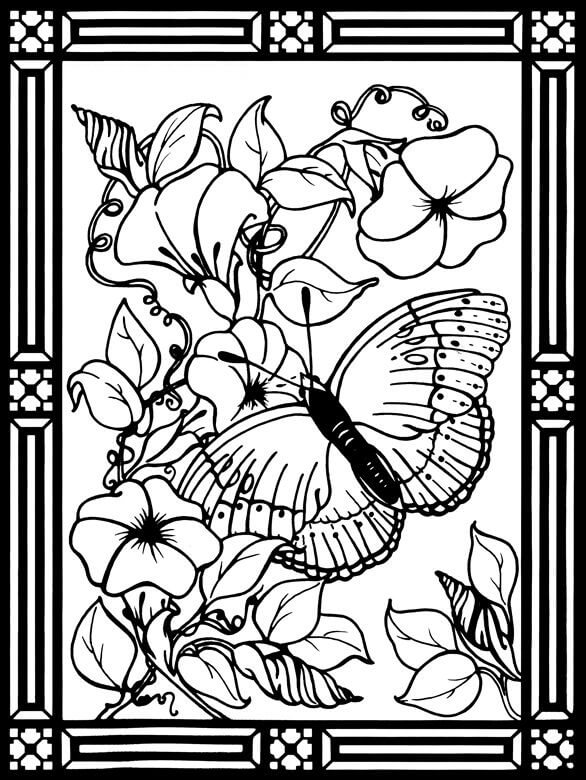 Dibujo de Vidrieras de Mariposas y Flores para Colorear