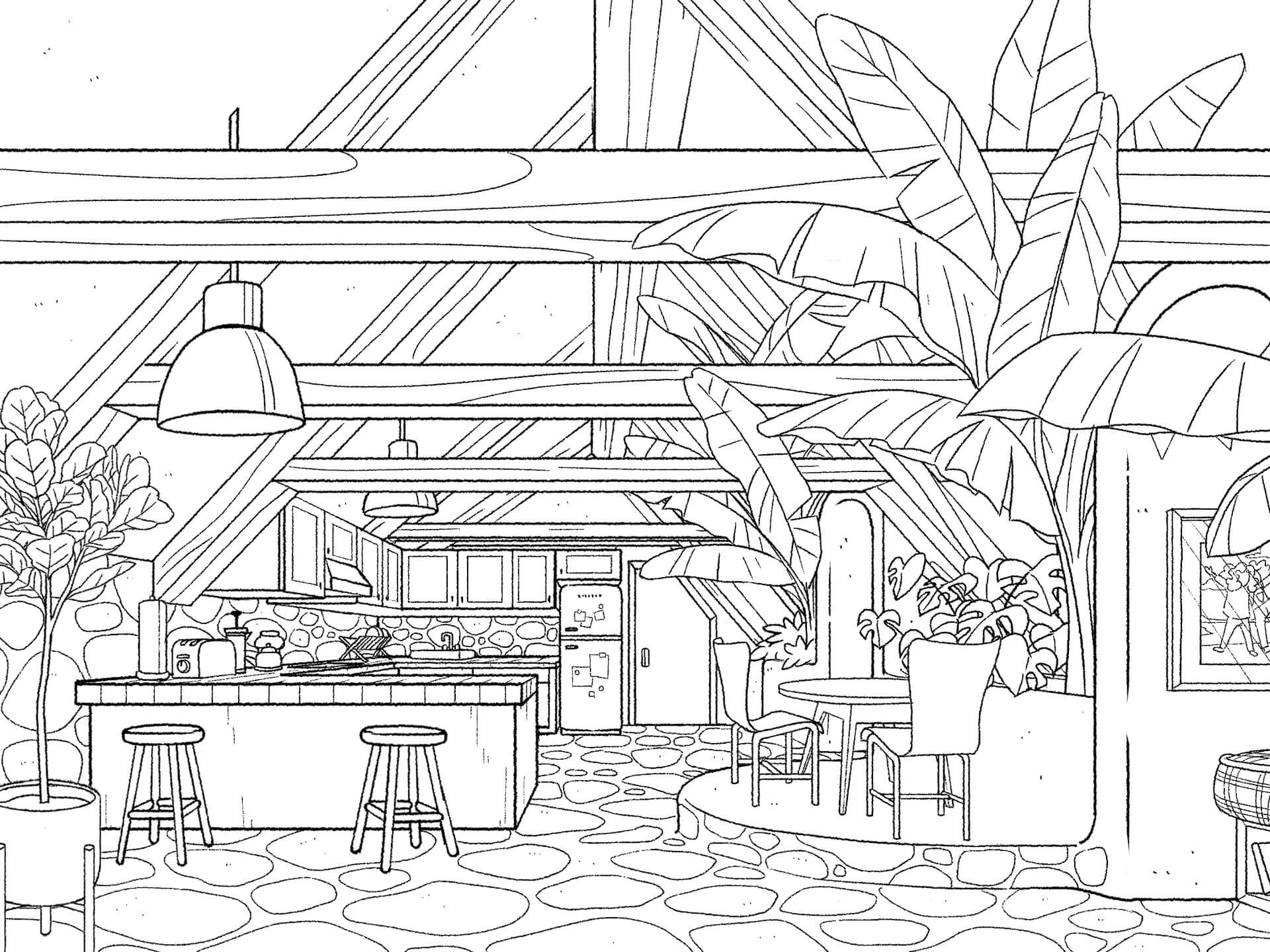 Dibujo de Hermoso Interior de la Villa para Colorear