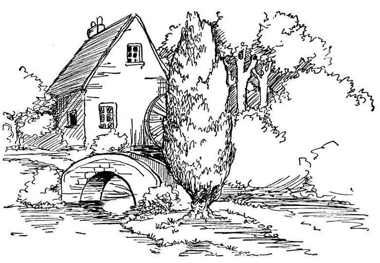 Dibujo de Villa con Paisaje para Colorear