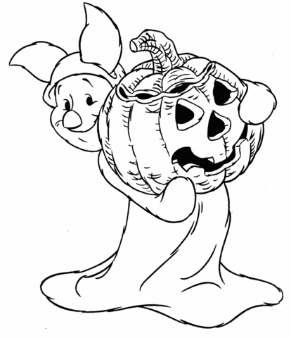 Dibujo de Lechón Tenencia Calabaza de Vispera de Todos los Santos para Colorear