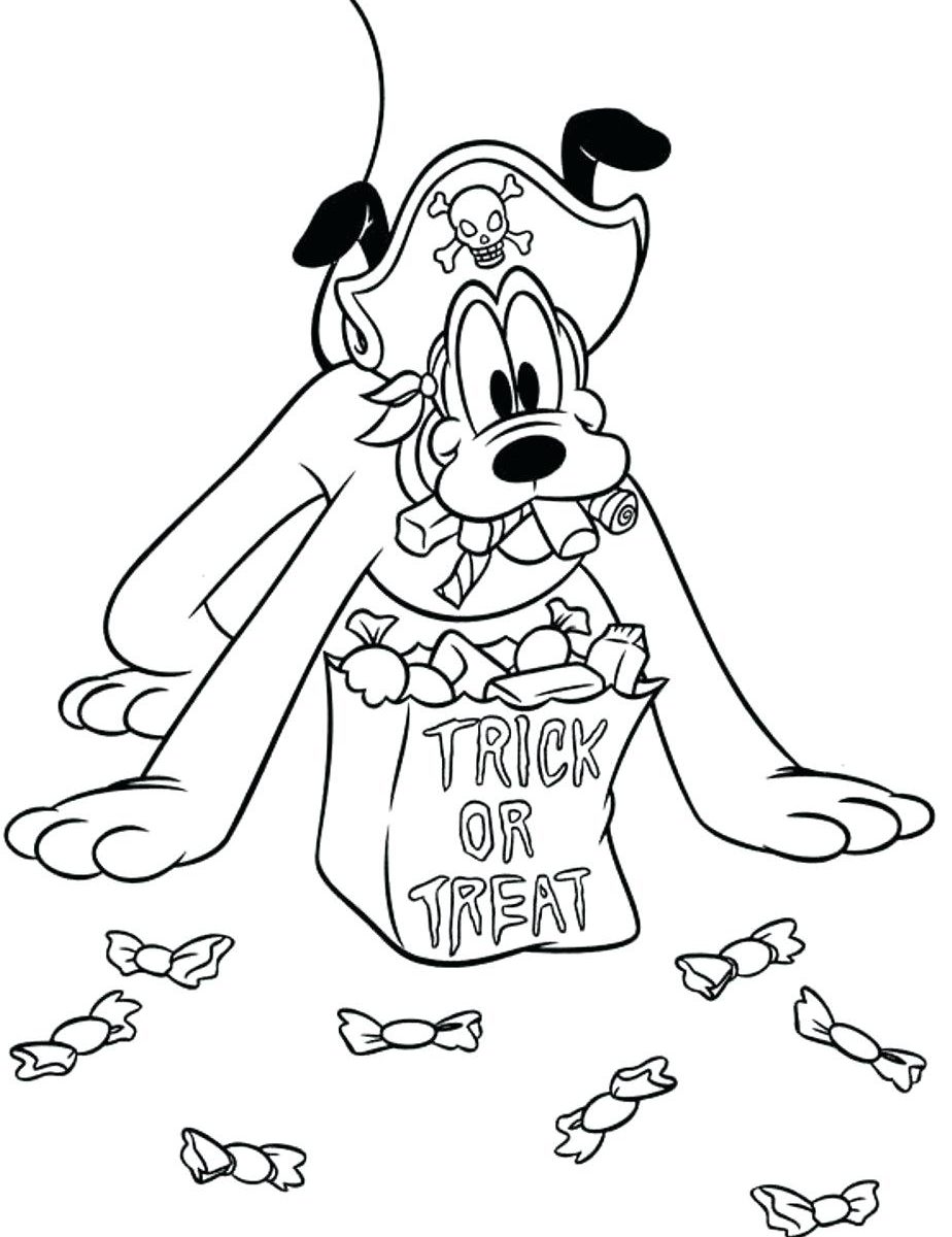 Dibujo de Pluton Disfrazado de Pirata y con Bolsa de Dulces para Colorear