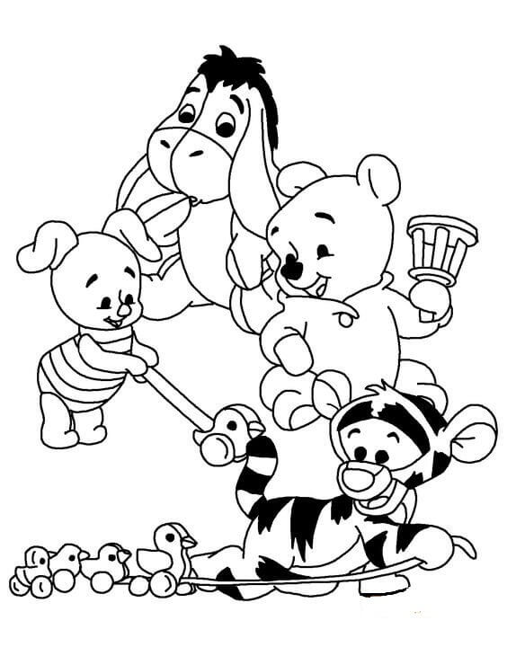 Dibujo de Bebé Winnie The Pooh y Amigos para Colorear