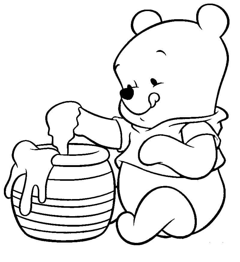 Dibujo de Bebé Winnie The Pooh y el Tarro de Miel para Colorear