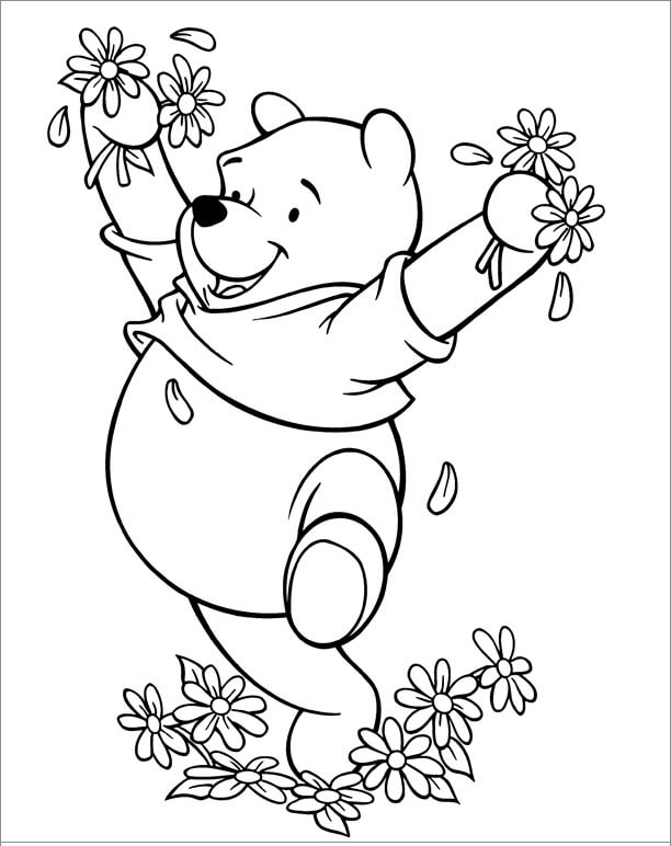 Dibujo de Feliz Winnie de Pooh con Flores para Colorear