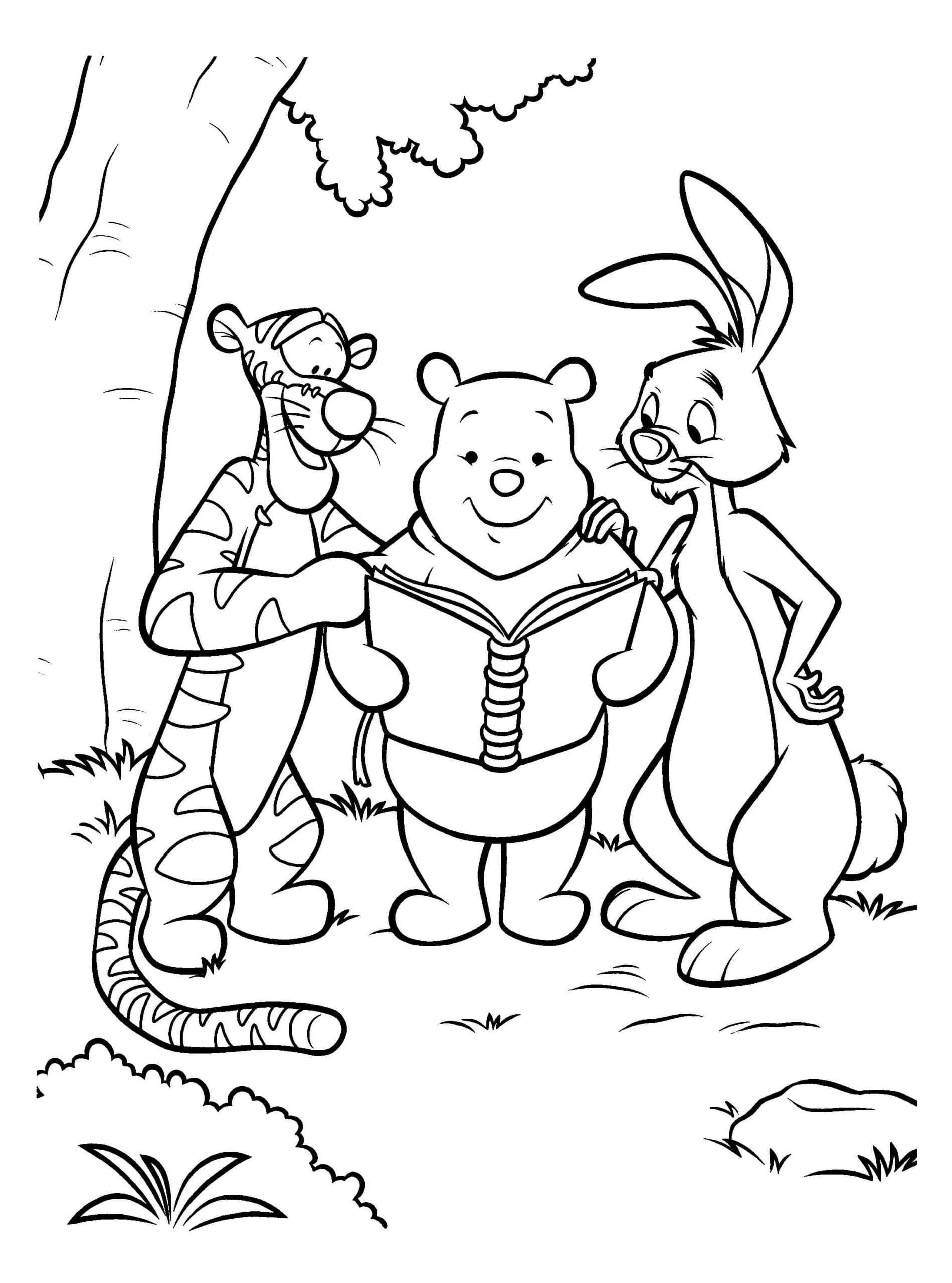 Dibujo de Lectura y Amigos de Winnie de Pooh para Colorear