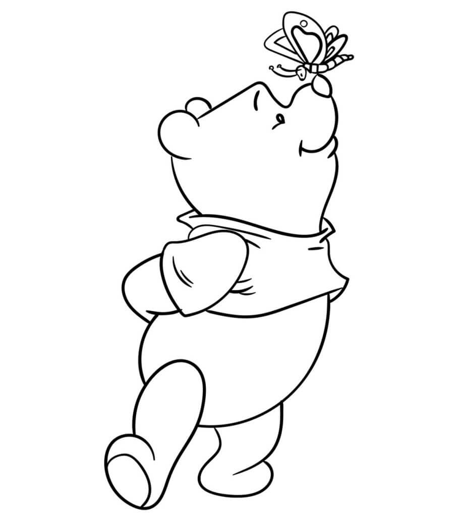 Dibujo de Lindo Winnie de Pooh con Mariposa para Colorear