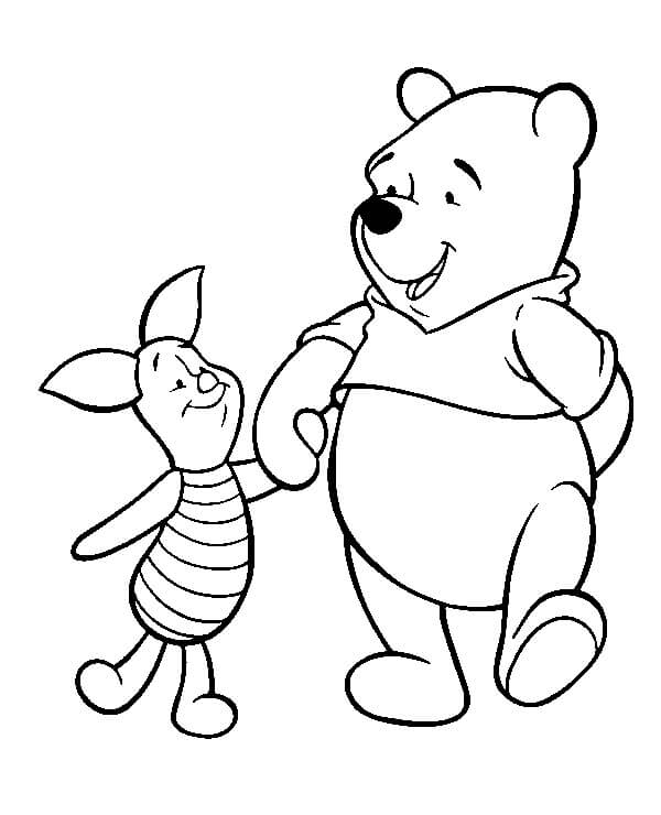 Dibujo de Piglet y Pooh Cogidos de la Mano para Colorear