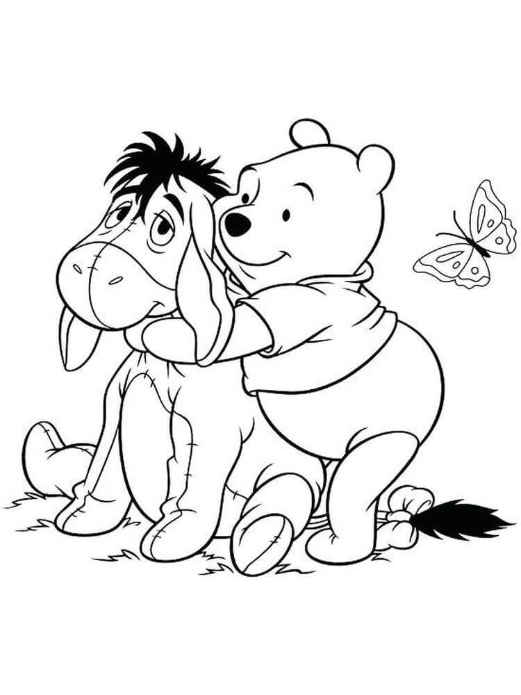 Dibujo de Winnie de Pooh Abrazando a Eeyore para Colorear