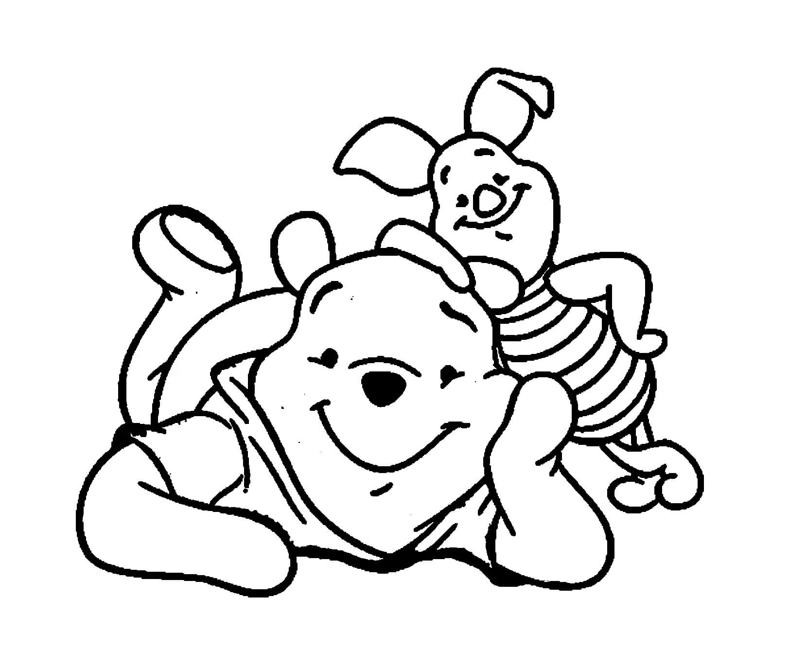 Dibujo de Winnie de Pooh Acostado y lechón para Colorear