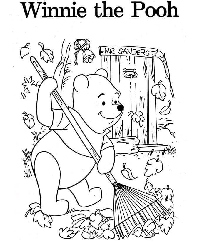 Dibujo de Winnie de Pooh Barre las Hojas para Colorear